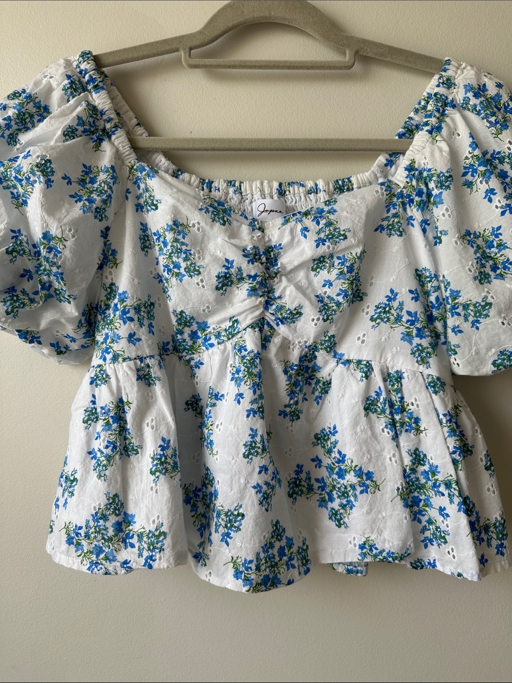 Peplum Puff-Sleeve Floral Blouse in White with Blue & Green Print